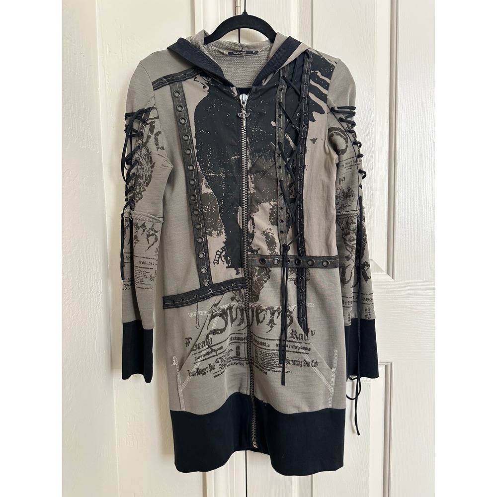 Salvage Black Lace Up Hooded Tunic Sword Zipper Grunge Y2K L